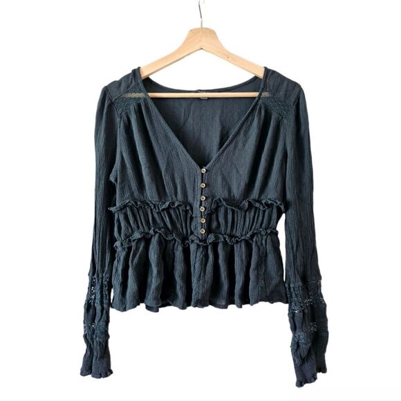 American Eagle Long Sleeve Peplum V Neck Button Front Lace Blouse Green XS - Picture 1 of 8